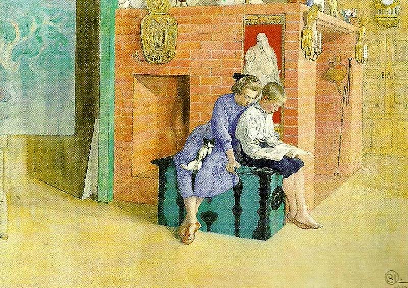 Carl Larsson tre om en bok-kersti och esbjorn samt muff oil painting picture